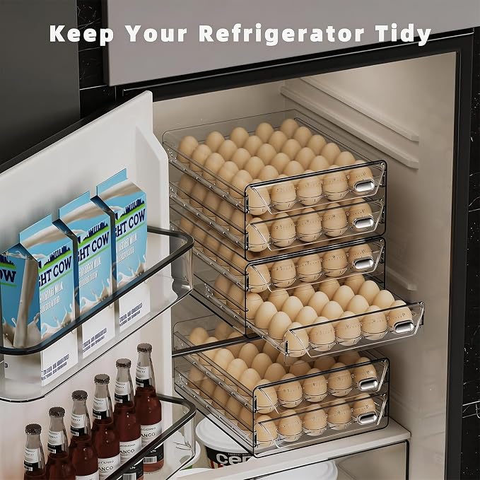 HIYOHIYO Clear 60 Grid Egg Organizer for Refrigerator with Drawers, 2-Tier | Large Capacity with Time Scale Marking | Sturdy Egg Storage for Fridge | Stackable Eggs Container for Fridge and Countertop