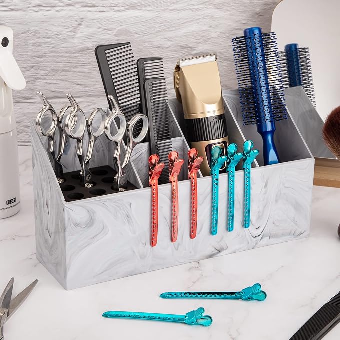 Noverlife Salon Shear Holder, Hair Stylist Shears Rack Neat Desk Organizer | Large Marble Pattern Professional Barber Scissor Holder Pet Grooming Storage Box Container Case for Clippers Combs Clips