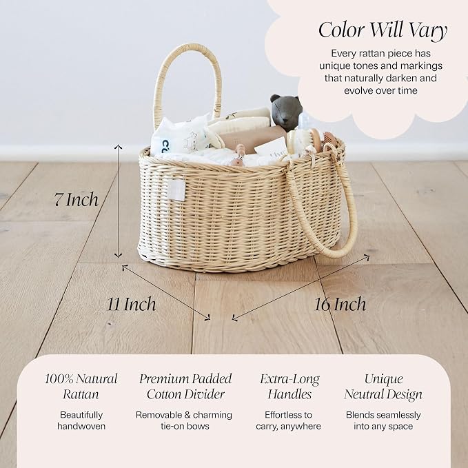 BEBE BASK Premium Baby Diaper Caddy Organizer Basket with Cotton Divider | Handmade & Award-Winning, Rattan Diaper Basket, Newborn Essentials, Nursery Basket, Removable Divider, Baby Shower (SAVANNAH)