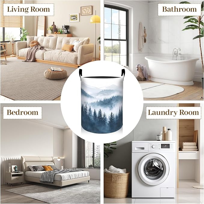 Foggy Forest Laundry Basket, Misty Pine Tree Foldable Oxford Cloth, Waterproof Dirty Clothes Hamper with Handles, Clothing Storage Bin Toy Organizer for Bedroom Dorm Bathroom, 19.7"x15.7"