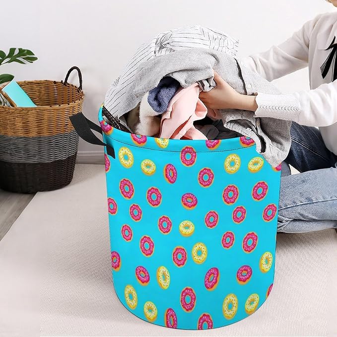Foldable Waterproof Laundry Basket Donut Food Pattern, Portable Hamper with Handles for Clothes, Toy, and Bedroom Organization