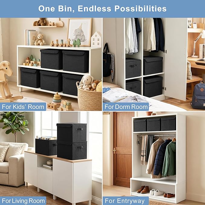 Large 17" 42 Quarts Collapsible Stackable Storage Bins with Lids [3-Pack] Foldable Fabric Linen Storage Boxes Cube, Closet Organizer Baskets with Label (16.7 x 12 x 12, Black)