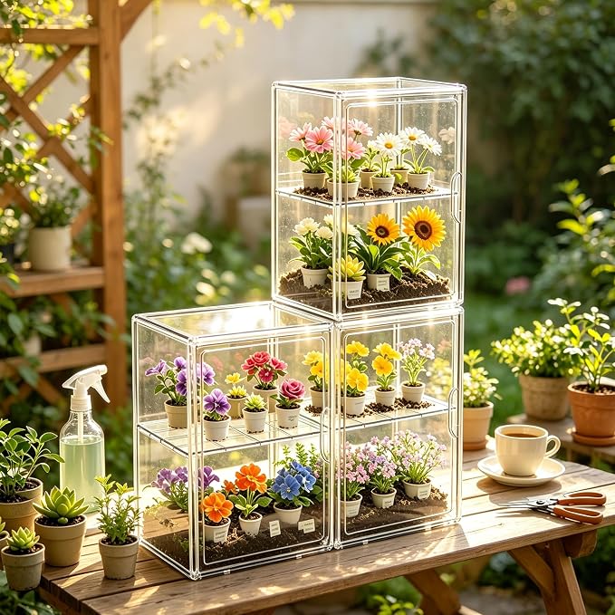 HOYOJA Clear Acrylic Display Case, Super Large Stackable Storage Bins Magnetic Attraction Lids, 3 Pack Acrylic Box with Divider for Collectibles, Figures, Purse, Handbag, Wallet, 11.4x9.84x15.4 inch
