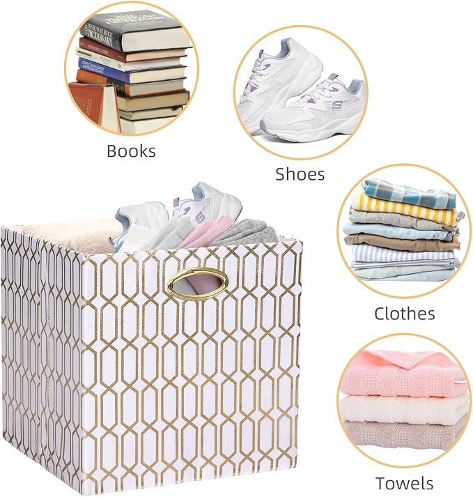 13x13x13 Storage Cube Bins, Collapsible Storage Bins Fabric Storage Cubes Organizer Baskets Box Drawers for Shelves, Closet, Wardrobe, Bookshelf, Cabinet, 4 Pack, White/Shiny Gold, AG4000202