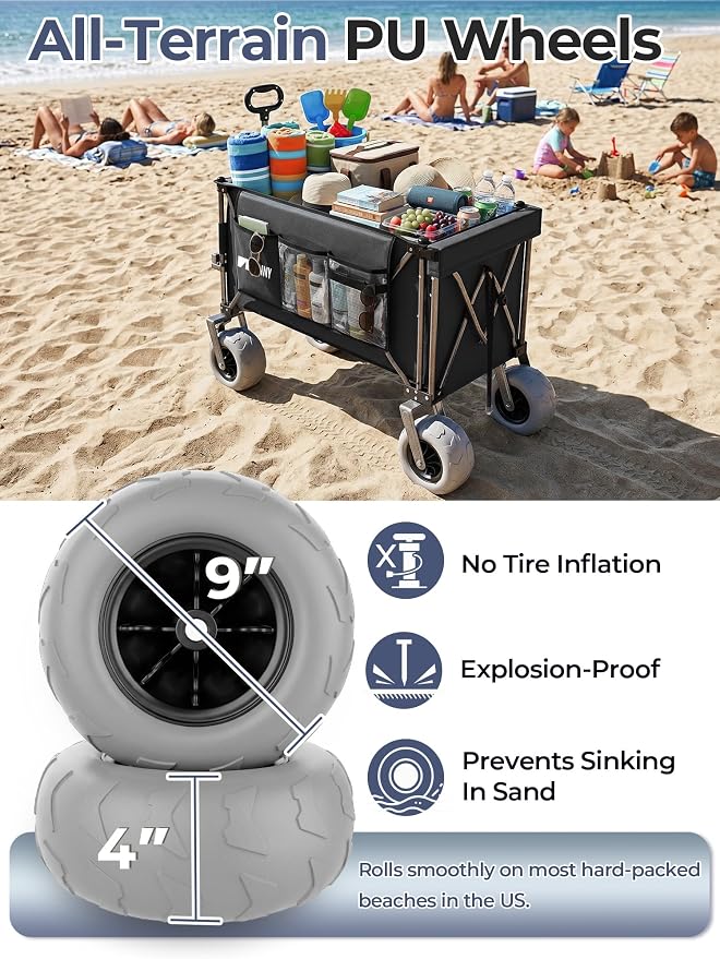 Heavy Duty Beach Wagon with 58" Expandable Tailgate, 300L, for Sand | 500 lbs Capacity, 9"x4" All-Terrain PU Wheels with Brakes, Quick Fold Utility Wagon for Camping, Sports & Grocery