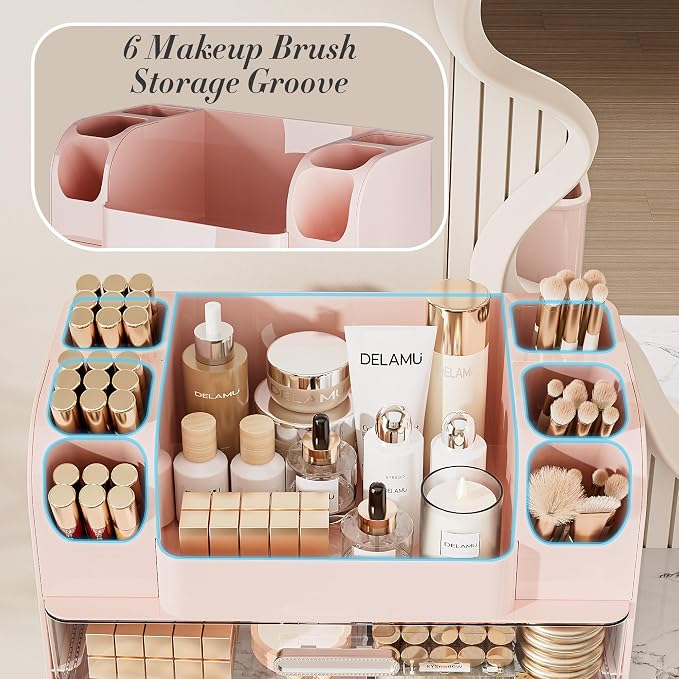 Delamu Large Makeup Organizer Countertop with 6 Brush Holders, Pink