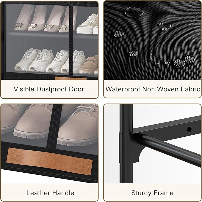 3 Tier Shoe Cabinet with Doors, 12-Pair Storage, Black | Compact Fits Entryway, Transparent Door for Quick View, Holds Sneakers, Heels, Flats, Wipe-Clean Waterproof