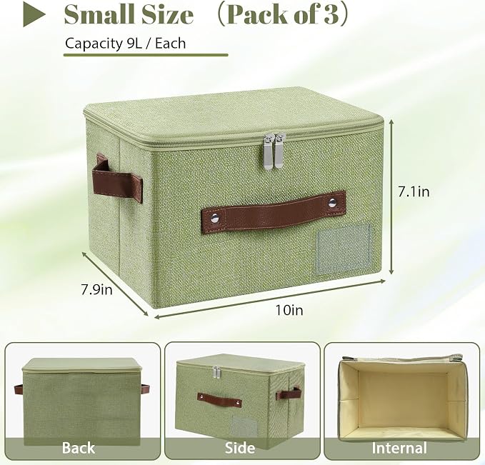ANMINY Small Storage Box Fabric Bins with Zipper Lid, 10"x8"x7" Green 3PCS | Keepsake Box, Decorative, Cotton Linen, Reinforced PP Board Frame, Washable, Stackable & Foldable, Label Holder & PU Handles