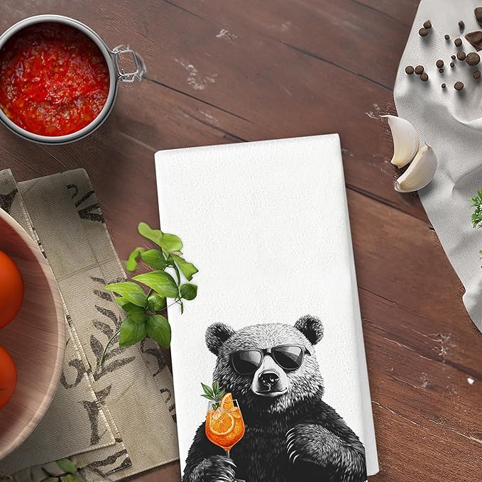 Funny Bear Aperol Spritz Kitchen Towels, Cocktail Lovers Gifts, Home Bar Decor, Aperol Spritz Cocktail Decorative Hand Towels Dish Towels for Kitchen Homebar, 16x24 Inch