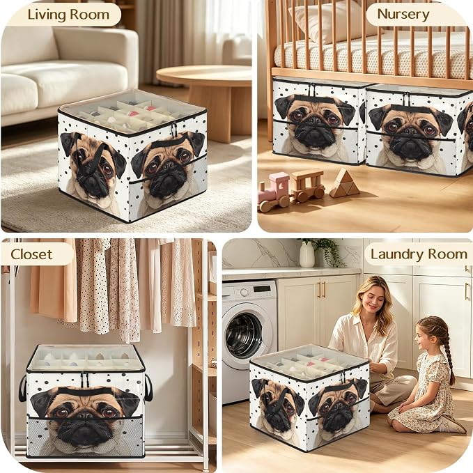 TropicalLife Polka Dots Pug Dog Shoe Organizer for Closet | Foldable Shoe Storage Box Bin 16-32 Pair Shoe Storage for Sneakers, Boots & Heels with Adjustable Dividers, Clear Cover