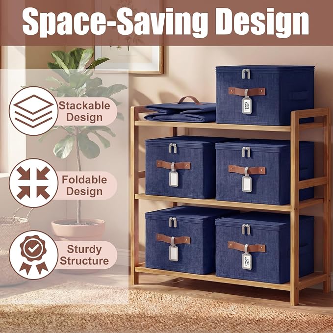 6 Pack Fabric Closet Storage Bins with Zipper Lids and Label, 10×8×7In Large Size Foldable Cotton Linen Storage Cubes Boxes with PU Leather Handles Holders for Bedroom, Nursery, Dark Blue