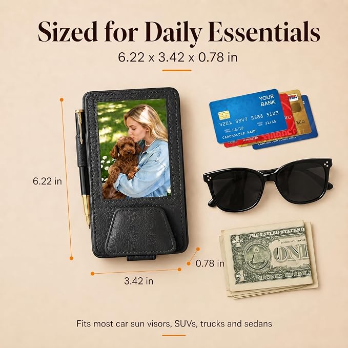 HOLDCY Car Visor Organizer with Registration Holder and Sunglasses Clip | Black PU Faux Leather With Photo Window, Flip-Open Card Storage, Slim Profile And Tool-Free Setup; 1 Piece