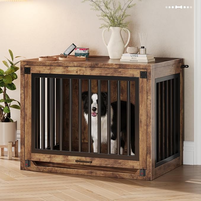35" Wooden Dog Crate Furniture for Dogs up to 50 lbs, Medium Dog Kennel with Concealed Sliding Door, Heavy Duty Indoor Dog Cage with Safety Latch and Quiet Pads, Rustic Brown