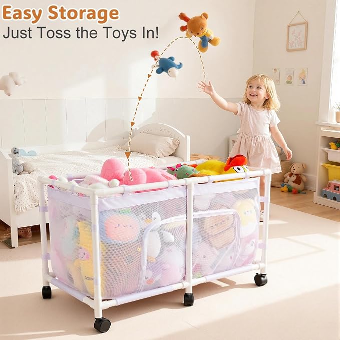 FIOBEE Toy Box for Girls Boys with See-Through Mesh & 360° Rotating Wheels | Kids Toy Chest Organizer, Stable Structure & Easy Install, Extra Large Storage Bin for Clothes, Ball, Pet Toys, Swimming Ring