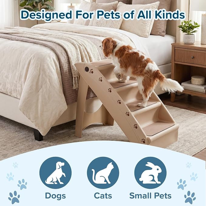 Pet Stairs - Home and Vehicle Foldable Nonslip Dog Steps with 4-Step Design - For Puppies, Kittens, and Other Small Pets by PETMAKER (Tan)