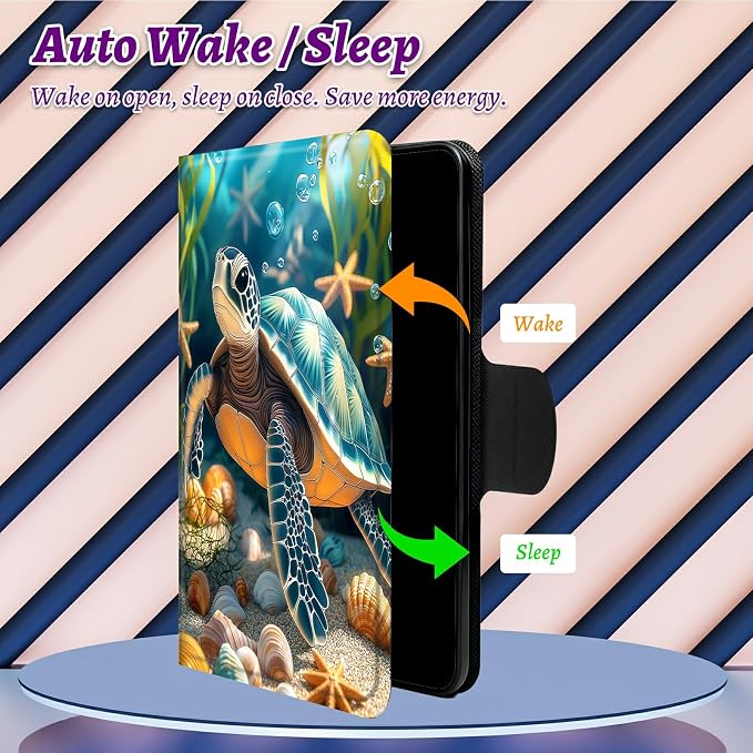 Rotating Handle Case for Samsung Galaxy Tab S10 Plus 2024/S9 FE+/S9 Plus 12.4 Inch 2023, 360 Degree Swivel Kickstand with Magnetic Closure Leather Protective Cover, Sea Turtle Seaweed