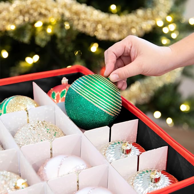 Christmas Ornament Storage Container with Dividers - Box Stores Up to 96 Ornaments, Zippered, Convenient, Adjustable, Large Organizer Bin to Protect Holiday Décor, Fits Most Standard Size, Black
