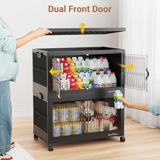 BROVIEW 360Qt Stackable Storage Bins with Lid for Home Dorm, 3Pack Black | Closet Organizers, Foldable & Collapsible Cabinets, Large Containers, Wheels & Magnetic Doors, Plastic Drawers for School