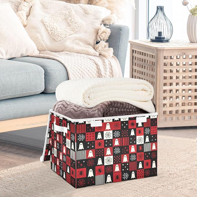Halloween Ghost Storage Bins with Lids Closet Bedroom 40L Fabric Bin | Decorative Storage Boxes, Foldable & Stackable, Dust-Proof Flip Top, Reinforced Handles, For Home & Dorm, Clothes & Toy Box