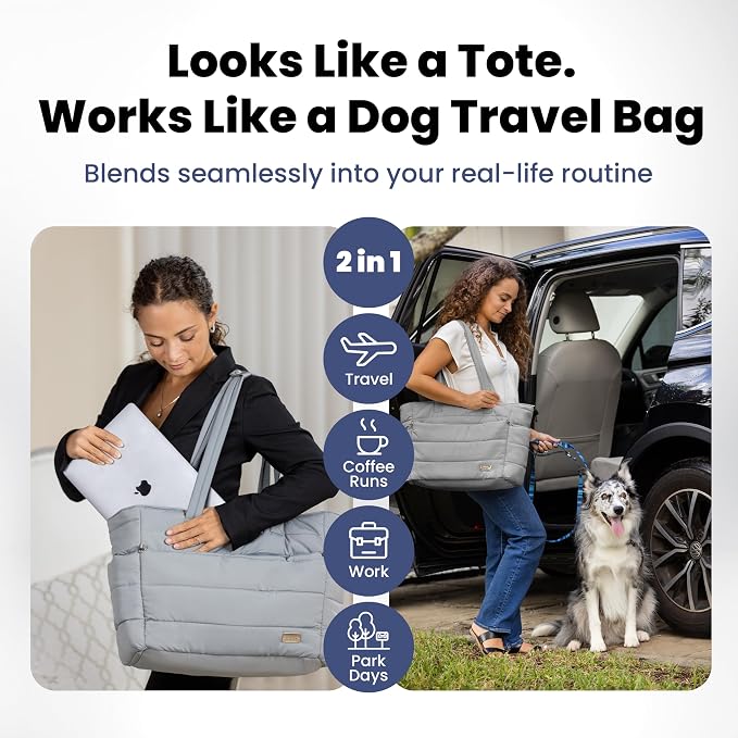 Puffer Dog Travel Bag for Dog Moms, Diaper Bag with Travel Bowls | 2 BPA-Free Collapsible Bowls, 2 Pet Food Containers, 9 Pockets, Everyday Puffer Bag Works With or Without Your Dog, Grey