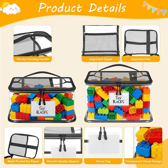 6 Mixed Pack Large Toy Storage Bags, Clear Toy Organizer with Labels | Waterproof PVC Toy Organization and Storage, Suitable for Storing Building Blocks, Puzzles, Dolls and Board Games