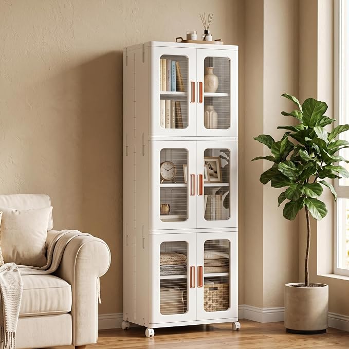 3-Tier Tall Narrow Plastic Storage Cabinet, Foldable | Rolling Organizer with Lid,Doors,Stackable, Adjustable Shelves, Durable PP,Freestanding Bathroom Cabinet for Small Slim Space