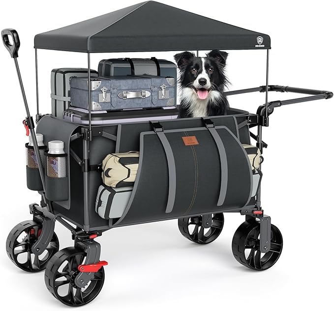EVER ADVANCED Folding Push Wagon with Canopy, Shopping Cart with Brakes | Portable Collapsible Wagon Cart with All-Terrain Big Wheels for Camping, Beach, Sports