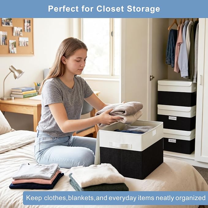Large 22 Quart Linen Fabric Foldable Storage Bin Cube Organizer Basket with Flip-Top Lid & Handles, Clothes Blanket Box for Home, Office, Closet, Black & White, 4 Pack 14.6 x 9.5 x 9.5