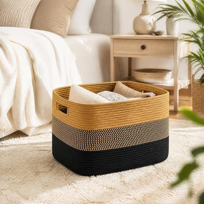 22.8GAL Extra Large Collapsible Laundry Basket for Dirty Clothes,Shoes, Sturdy Portable Aesthetic Boho Heavy Duty Wicker Hamper for Living Room Thow Pillows Blankets Storage Organizer,Khaki Black