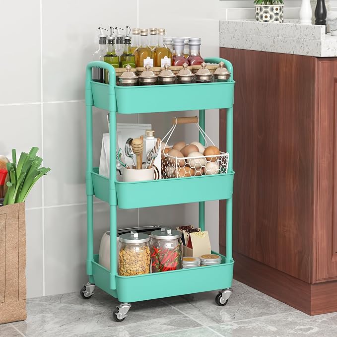 Sywhitta 3-Tier Plastic Rolling Utility Cart with Wheels for Storage, Green | Multi-Functional Storage Trolley, for Office, Living Room, Kitchen, Bathroom,Movable Organizer,Space-Saving,Easy to assemble