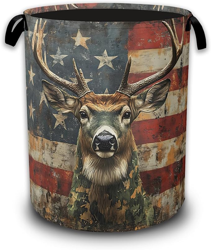 American Flag Laundry Basket,Waterproof Foldable Grunge Deer Laundry Hamper,Dirty Clothes Laundry Basket, Linen Bin Storage Organizer Collection 16" x 20.8"
