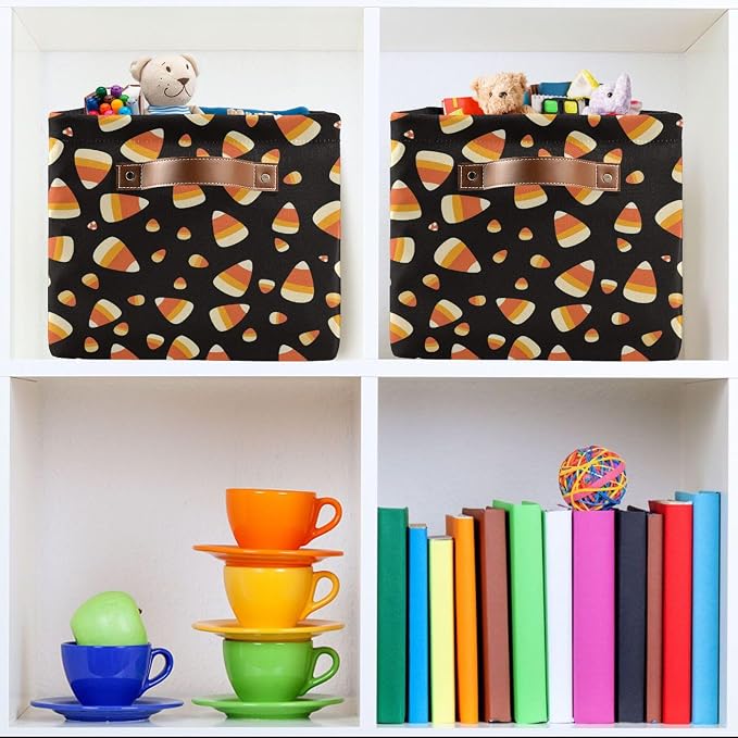 Wamika Halloween Corn Candy Storage Basket with Waterproof Liner and PU Handles Trick or Treat Black Storage Bins Boxes 14.2" Collapsible Decorative Organizer Baskets for Bedroom Closet Office 2 Pack