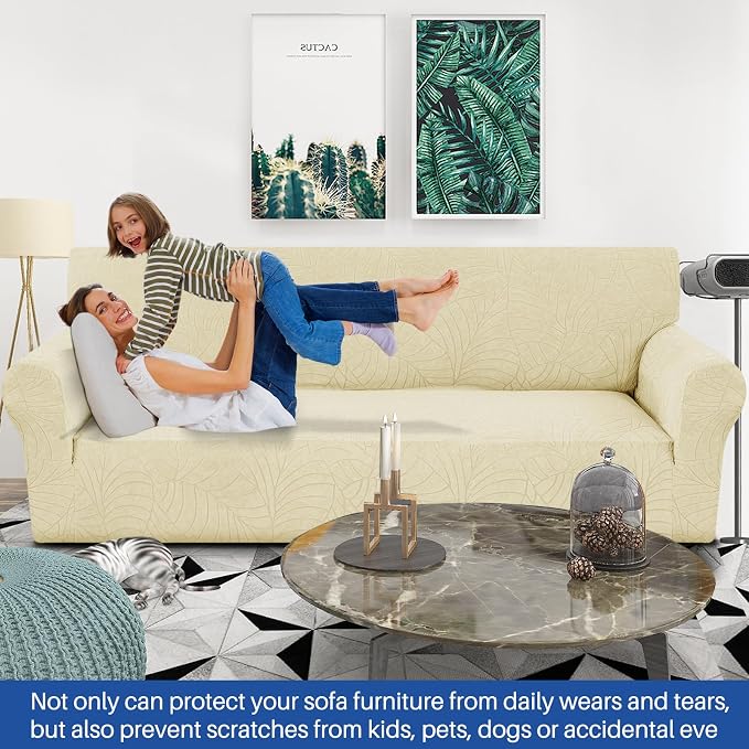 YEMYHOM Couch Cover Latest Jacquard Design High Stretch Extra Large Sofa Covers Pet Dog Cat Proof Oversized Slipcover Non Slip Magic Elastic Furniture Protector (X-Large, Begonia Leaf Beige)