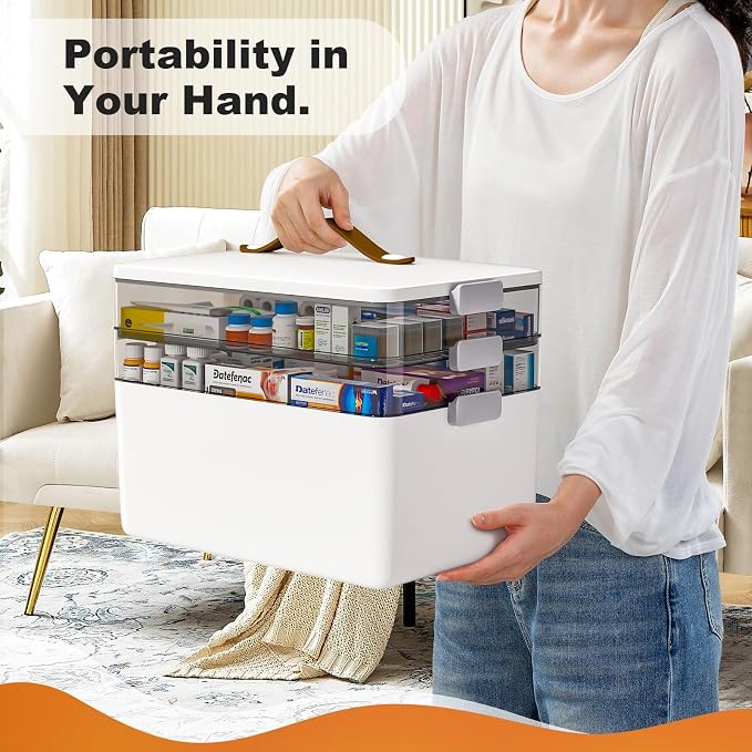 funest 3-Tier Medicine Craft,Sewing,Art,Organizer Storage,Portable Latch Bin with Lid and Leather Handle,Pill Bottle, First Aid, A Household Essential