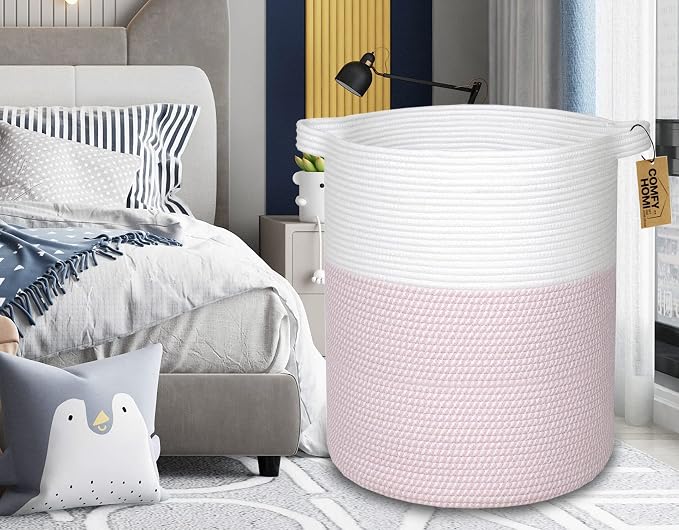 COMFY-HOMI XXL Large Laundry Basket with Handles Blanket Baskets Living Room|Woven Cotton Rope Decorative Basket Laundry Hamper Baby Basket Nursery Dog Toy Storage Organizer Bin-16”x18”-White/Pink