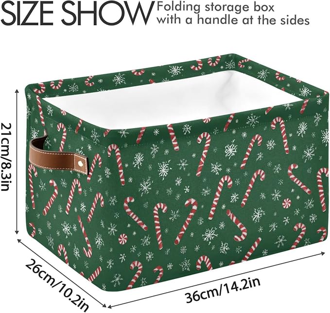 Wamika Christmas Green Storage Basket with Waterproof Liner and PU Handles Winter Candy Cane Snowflake Storage Boxes 14.2" Collapsible Decorative Organizer Baskets for Bedroom Closet Office 2 Pack