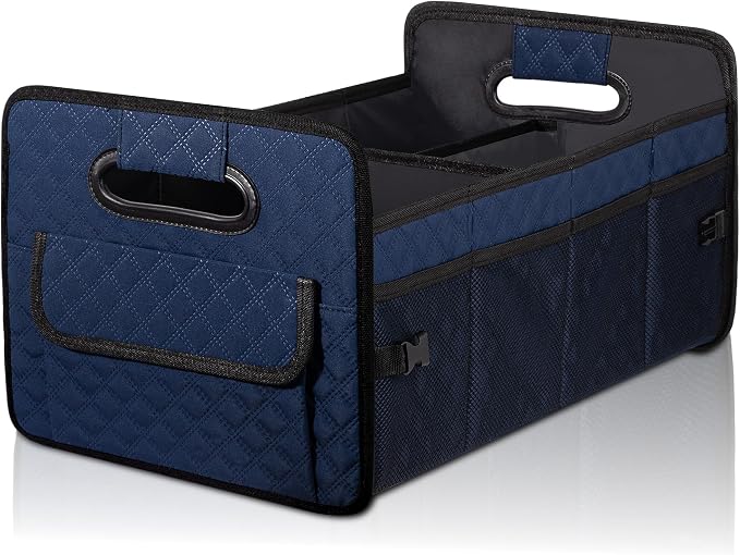 Car Trunk Organizer for SUV, Collapsible Car Storage Organizer Dark Blue | Sturdy, Large Capacity, Diamond Decor, Multi Compartment Container Box Adjustable Car Accessories for Sedan Truck