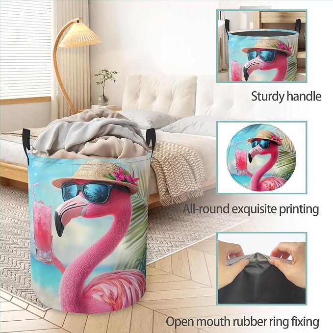 Flamingo Juice Beach Laundry Basket With Handles Tote Bag Oxford Cloth Funny Laundry Hamper Clothes Storage Bucket Toy Organizer 16" X 20.8"For Bathroom/Laundry/Bedroom