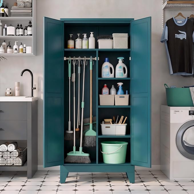 71" H Metal Garage Storage Cabinets,Broom Closet Storage Cabinet,Utility Cabinet,Blue Storage Cabinets