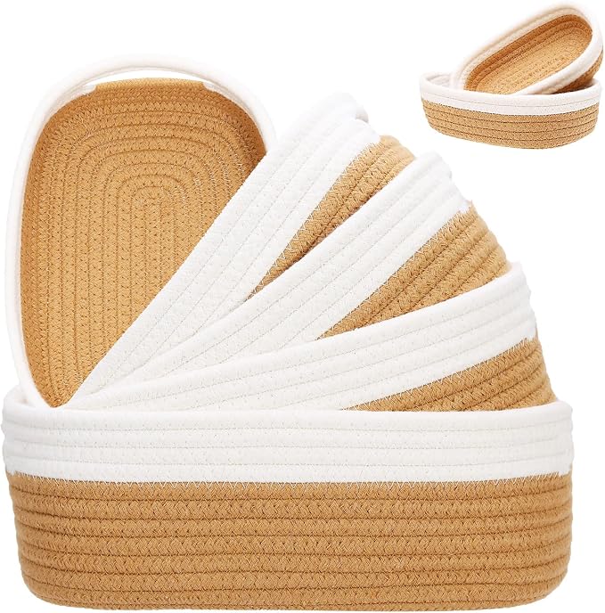 7 Piece Cotton Rope Woven Basket Set - Small Basket for Baby Nursery, Pets, Montessori, Dog & Cat Toy Boxes, Bathroom Organization Bins (White/Jute)