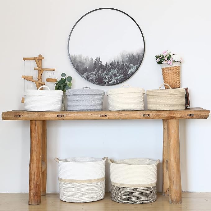 Sea Team Round Storage Basket, Woven Cotton Rope Basket with Lid, White | Decorative Knitted Storage Bin, Multi-Purpose Lidded Organizer for Closet Shelves, Nursery and Household Storage