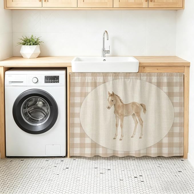 Graceful Pony Oven Skirt Curtain for Kitchen Decor 28"x35", Retro Natural Horse Farmhouse Plaid Rustic Self Adhesive Stove Curtains Skirt Cabinet Curtains for Bathroom Laundry Room