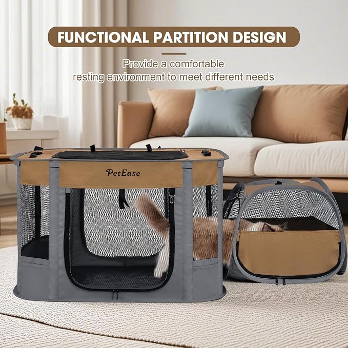 Portable Cat Playpen with Litter Box, Cat Enclosure for Camping, Cat Recovery Playpen After Surgery, Foldable Indoor Outdoor Pet Tent for Cats Rabbits Puppies (Brown)