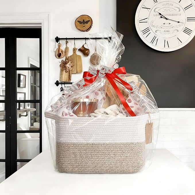 Goodpick Woven Rope Storage Basket for Shelves, Rectangle, Light Brown | 13" × 10" × 9" Stylish Gift Basket for Home Organization, Fits Dog Toys, Books & Nursery Essentials Storage, Writable Label