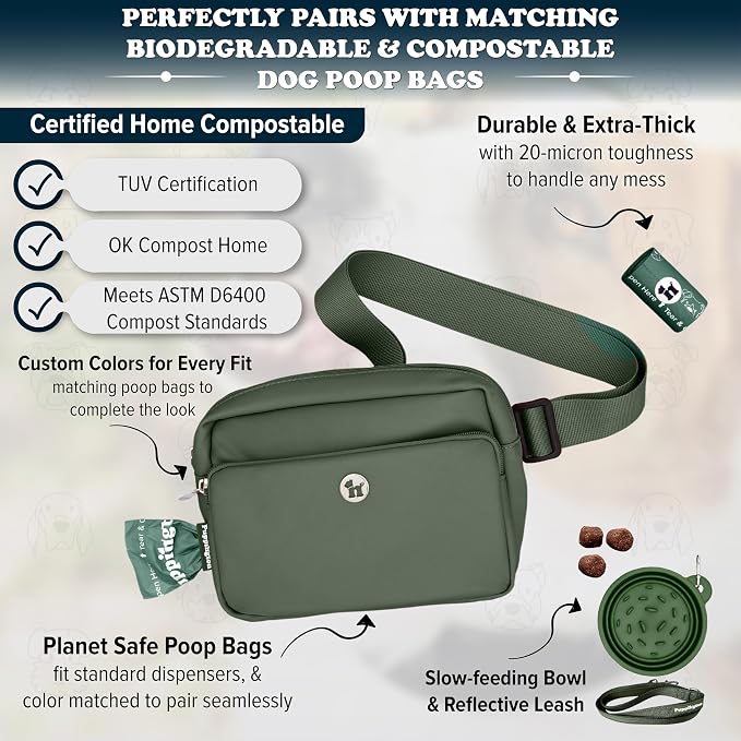 Puppington 3-in-1 Crossbody Dog Treat Pouch for Pet Training - Compostable Poop Bags, Built-In Poop Bag Dispenser, Slow-Feeding Travel Dog Bowl & Reflective Leash - Dog Walking Bag (Basil Green)