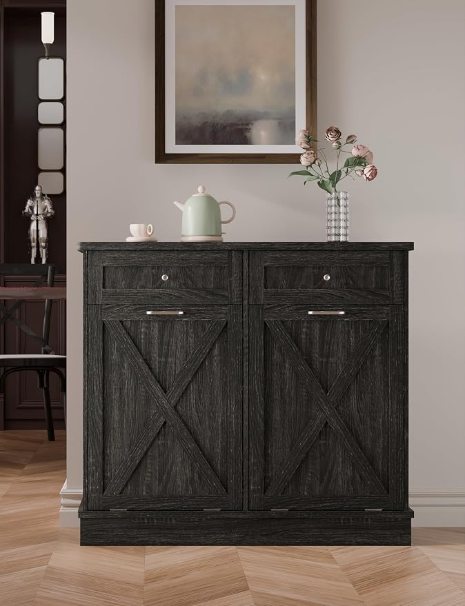 TOLEAD Double Tilt Out Trash Can Cabinet 2 x 10 Gallon Wooden Hidden Trash Cabinet with Barn Door & Solid Wood Top, Farmhouse Kitchen Garbage Bin Enclosure, Pet Proof Odor Blocking for Kitchen, Grey