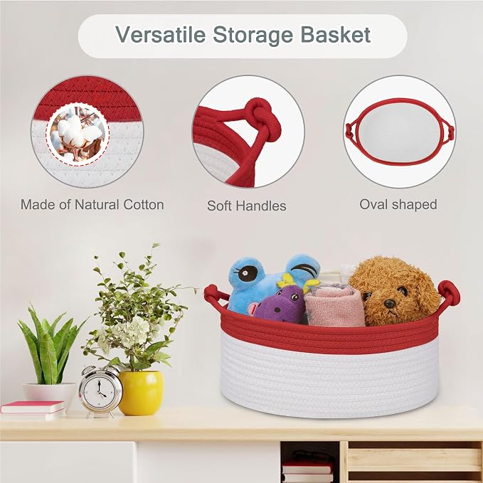 COMSE Small Gift Basket Empty with Bag & Ribbons, Red & White | Cotton Rope, 12"x 8"x 5", Pet Toy Storage Organizer, Woven Basket for Birthdays, Baby Showers, Mother’s Day, Valentine’s Day