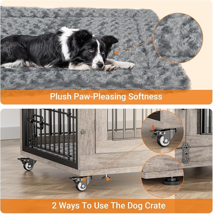 2 Pack Dog Crate Furniture, 38'' Heavy Duty Kennel with Cushion & Wheels | Grey, Double Doors, Wooden Dog Cage, Chew-Resistant, End Table, Decorative, 27"/32"/38"/44" Options, Indoor