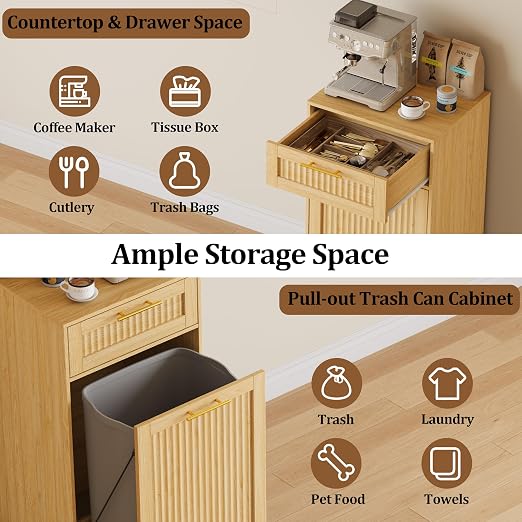 13 Gallons Pull Out Trash Can Cabinet, Hidden Trash Can, Natural Oak | Fluted Kitchen Trash Cabinet with Drawer, Freestanding Garbage Pet Proof Trash Can Holder for Laundry, Living Room