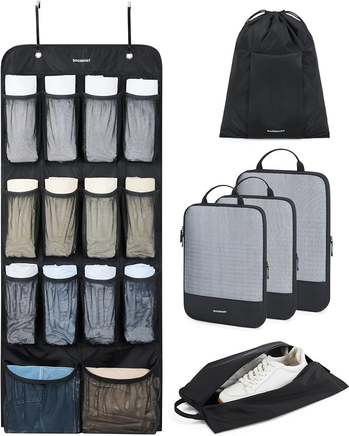 BAGSMART Hanging Compression Packing Cubes 6 Set Cruise Travel Essentials | 3-Fold Space Saving Hanging Shelves, Closet Organizers & Storage, Compressible Suitcase Organizer Bags, Machine Washable Cube